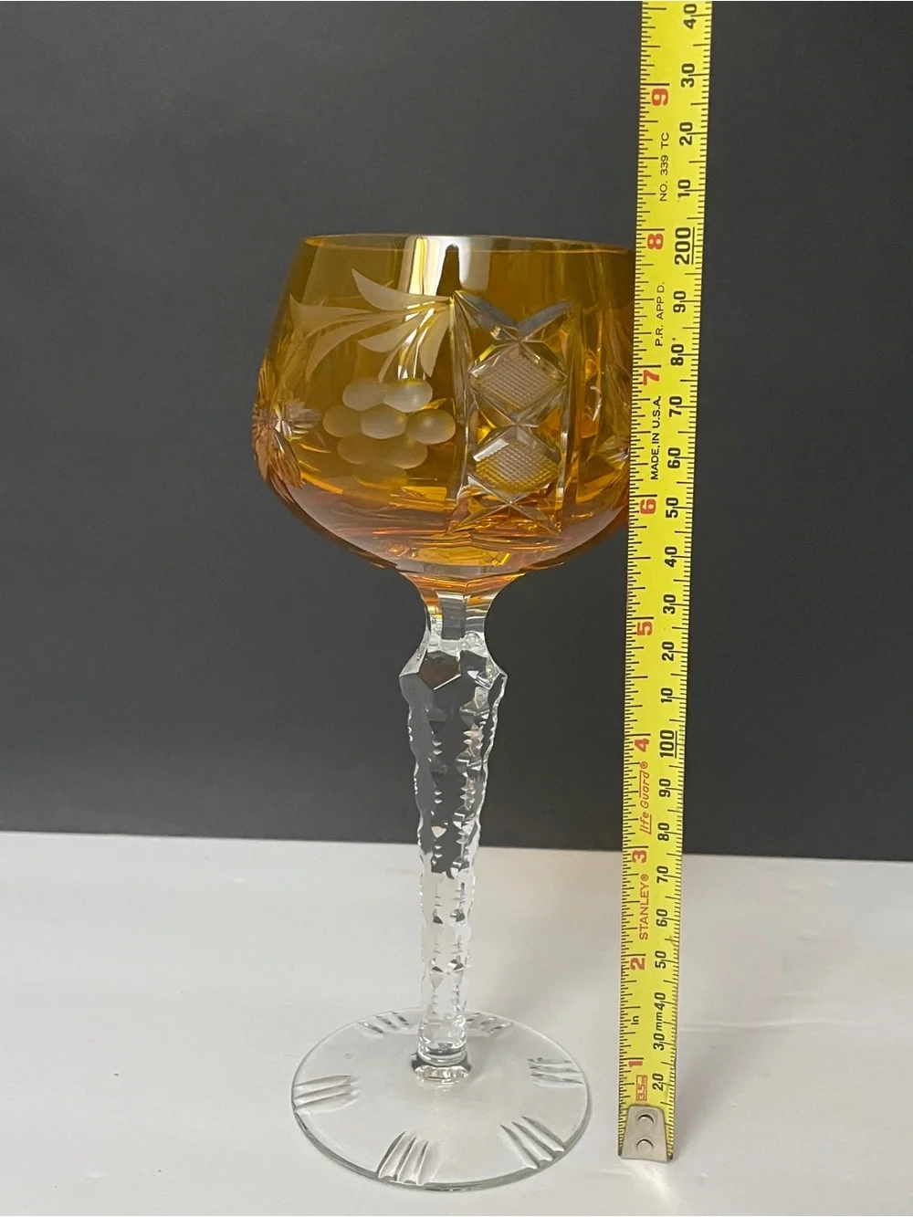 VTG Nachtmann Traube Amber Cut-to-Clear Crystal Wine Hock Glass Germany, 8” Tall